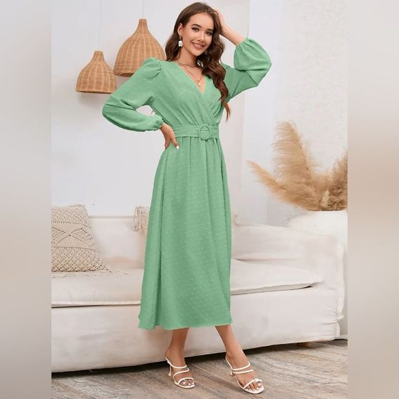 Surplice Neck Balloon Sleeve Midi Dress main image 0